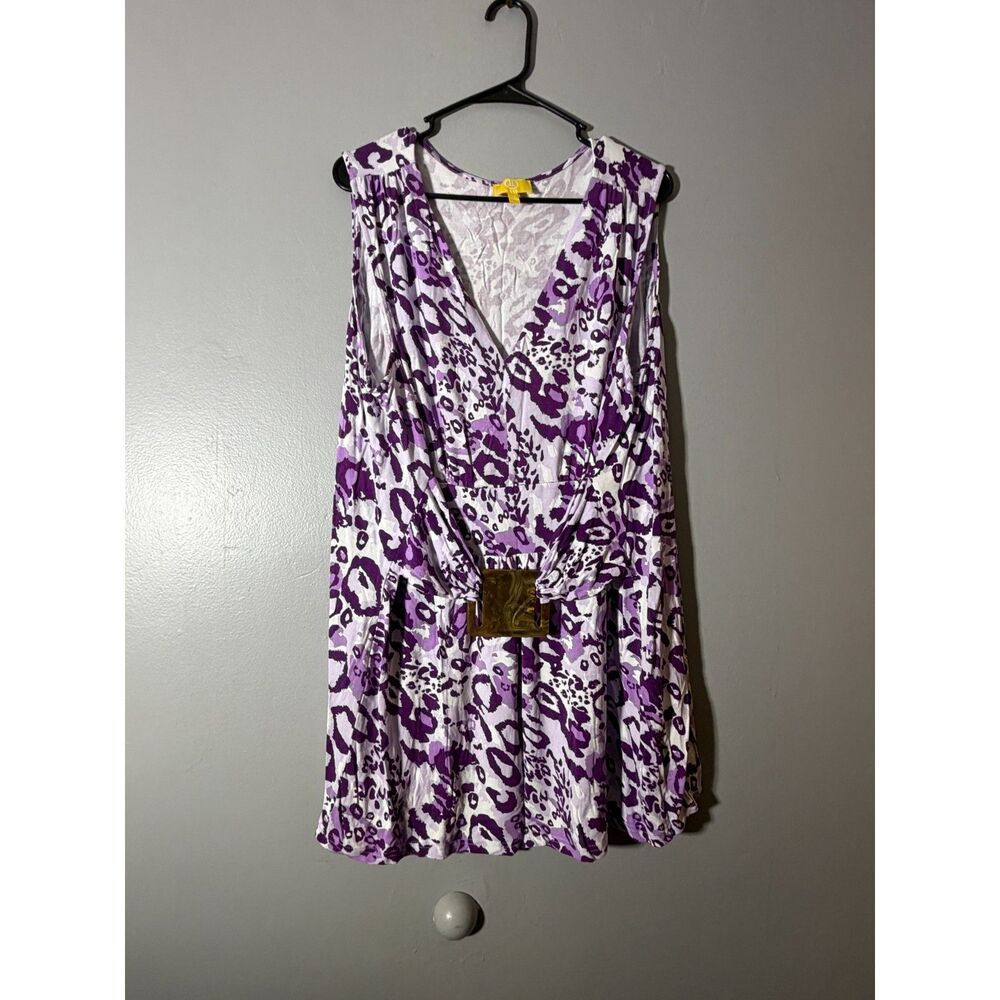 Liz Lange Top 2X Purple Animal Print Sleeveless V-Neck Belted Plus Size